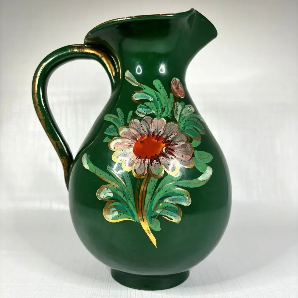 Italian Cottagecore Farmhouse Water Pitcher Floral Country Hand Painted Vintage